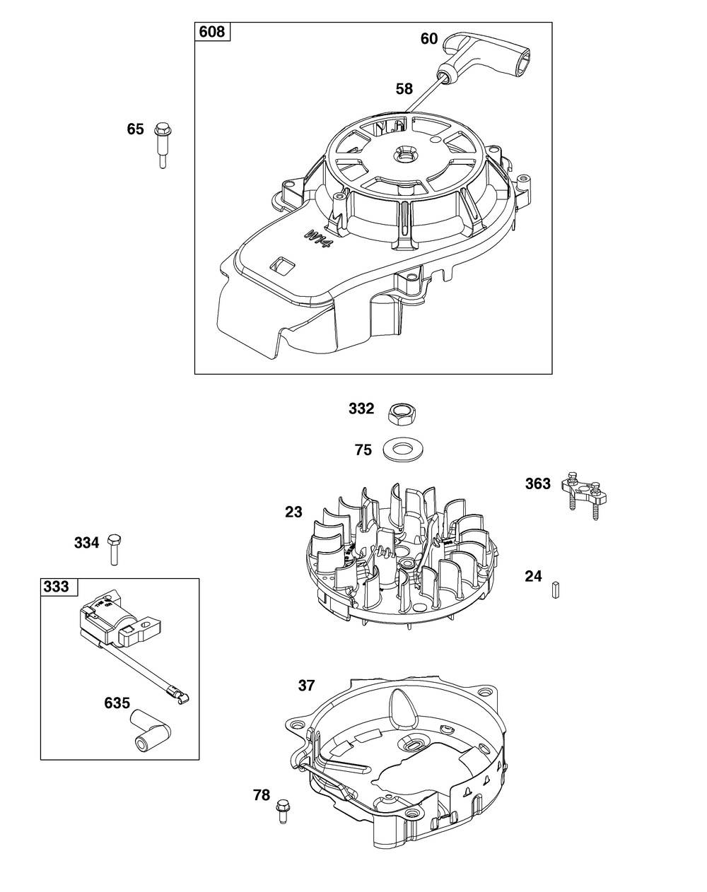 Flywheel, Ignition, And Starter Group Diagram and Parts List for 125P02-0026-H5 100000 - 19Z999 Briggs and Stratton Engine
